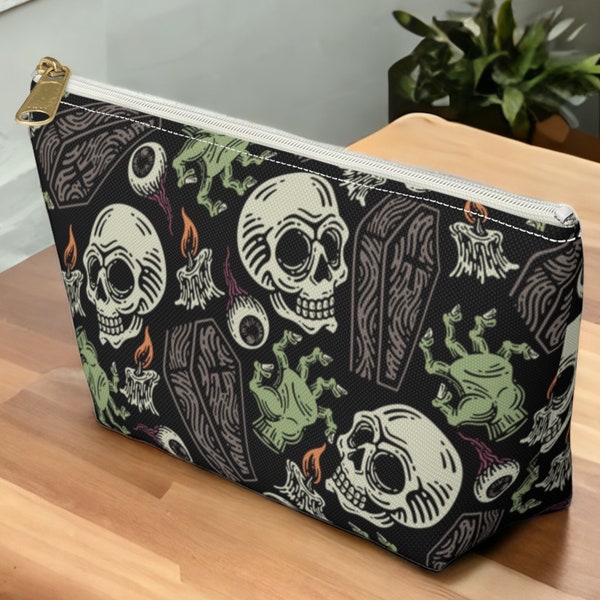 Gothic Skull Zipper Pouch, Gothic Cosmetic Bag, Skull Makeup Bag, Halloween Toiletry Bag, Goth Girl Gift, Make Up Pouch, Gothic Lover Gift