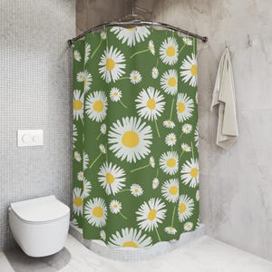Daisy Flower Shower Curtain | Green Floral Bathroom Decor | Cute Cottagecore Bath Curtain | Gift for Plant & Nature Lover