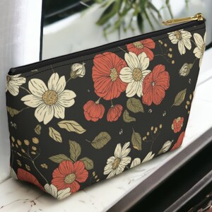 Dark Floral Makeup Bag, Vintage Flower Cosmetic Pouch, Boho Toiletry Bag, Earthy Botanical Organizer, Gift for Her