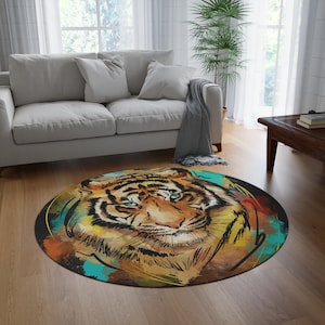 Vibrant Tiger Round Rug - Colorful Boho Home Decor, Living Room Accent, Animal Lover Gift, Unique Floor Mat, Bohemian Style Rug