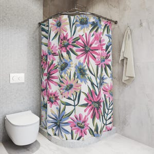 Floral Shower Curtain | Cottagecore Boho Bath Curtain | Pink-Blue Wildflower Print | Botanical Bathroom Decor | Cute Farmhouse Home Stlye
