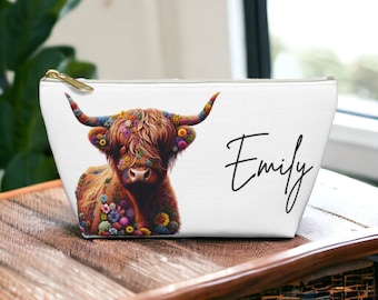 Personalized Highland Cow Cosmetic Bag: Floral Animal Print Zipper Pouch