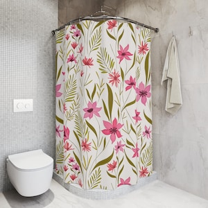 Cottagecore Floral Shower Curtain | Boho Pink Wildflowers Bathroom Decor | Botanical Whimsical Curtain for Modern Bathroom Style