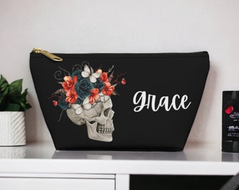 Custom Goth Makeup Bag Floral, Personalized Cosmetic Bag, Gothic Girl Gift, Toiletry Bag Women, Zipper Pouch, Travel Organizer, Makeup Pouch