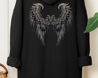 Dark Angel Wings, op de achterkant van hoodie, gothic, her cadeau, zijn cadeau, engel cadeau, uniseks Heavy Blend™-sweater met capuchon