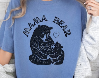 Mama Bear, Block Printed T Shirt, Linocut Art, Boho Apparel, Woodland Bear, Folklore Forest Shirt, Vintage, Forestcore, Folk Art