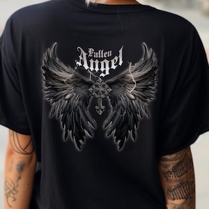 Camiseta con estampado de ángel caído, regalo para ella, regalo para él, gótica, ángel oscuro, diseño en la espalda, colores cómodos, para amantes de los motociclistas, amantes de los tatuajes, alas
