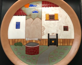 Vintage Grieks terracotta bord - Handgemaakte handgeschilderde keramische muurkunst of volkskunst op sokkel