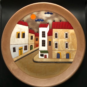 Vintage Greek Plate - Handmade & Hand Painted Ceramic Terracotta - Wall Hanging or Pedestal Folk Art
