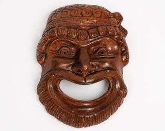 Vintage Greek Theatre Wall Mask – Ancient Style Clay Face Sculpture, Mediterranean Wall Decor