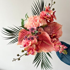 Exotic Coral Wedding Bouquet: Hand-Tied Anthiriums, Hydrangeas, Orchids