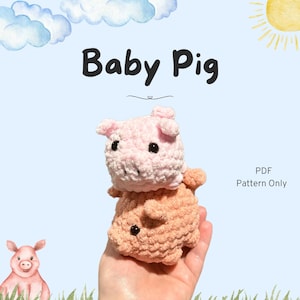 May include: A crochet pattern for a baby pig. The pattern is available as a PDF download. The image shows a pink and brown crocheted pig.