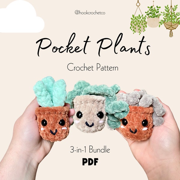 Pocket Plants 3-in-1 Bundle Crochet Pattern PDF - Amigurumi, Nature, Flowers, Chunky Yarn, Decor, Toys, Plush, No Sew, Low Sew, Spring