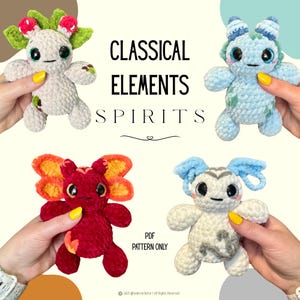 Puede incluir: Patrones de amigurumi de crochet para cuatro espíritus elementales: tierra, fuego, agua y aire. Cada espíritu es un pequeño juguete de peluche colorido con un diseño único. Los patrones están disponibles para descargar en PDF.