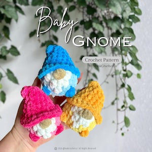 Può includere: Tre gnomi all'uncinetto colorati in blu, rosa e giallo. Ogni gnomo ha un cappello a punta e una barba bianca. L'immagine include il testo "Baby GNOME" e "Crochet Pattern by HookCrochetCo."
