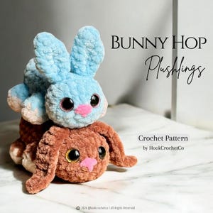 May include: Two plush bunny toys, one light blue and one brown, stacked on top of each other. The blue bunny has large black eyes and a pink nose. The brown bunny also has large black eyes and a pink nose. The text "BUNNY HOP Plushlings" is visible.
