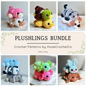 May include: A collection of handmade crochet plush toys in various animal designs, including a pig, cow, duck, dog, hippo, zebra, elephant, bunny, and more. The image includes the text "PLUSHINGS BUNDLE" and "Crochet Patterns by HookCrochetCo".