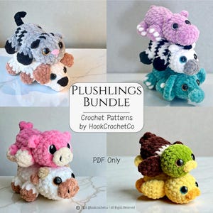 May include: A bundle of crochet plushies in various animal designs, including a cat, dog, hippo, zebra, elephant, pig, cow, duck, and turtle. The image includes the text "PLUSHINGS BUNDLE" and "Crochet Patterns by HookCrochetCo".