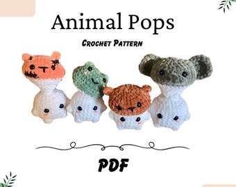 Animal Mushroom Pops Bundle 4-in-1 Pattern PDF - Amigurumi Pattern, Animals, Chunky Yarn, Doll, Toys, Plush, Elephant, Frog, Bear, Tiger