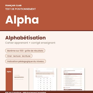 Puede incluir: Un cuaderno educativo digital titulado Alpha para la alfabetización en francés. El documento incluye un cuaderno para el estudiante y una guía de respuestas para el profesor, con ejercicios de oral, lectura y escritura y una escala de 100 puntos.