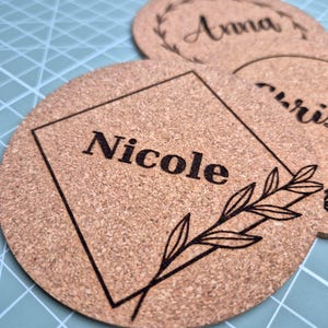 Untersetzer personalisiert, Wunschgravur, Platzkarten, Geburtstag, Hochzeit, Gastgeschenk, Namensschilder, Kork, Bierdeckel, Tischdeko