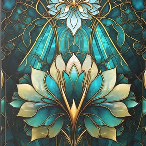 Art Nouveau Flower Framed Canvas Print • Black, Gold & Turquoise Mosaic Style • Wall Décor