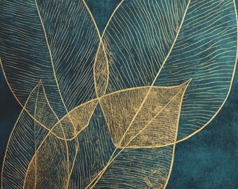 Gold Leaves Artwork • Emerald Green & Teal Canvas Print • Botanical Wall Art • Home Décor