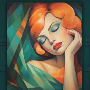 Art Deco Flame-Haired Woman Portrait | Tamara de Lempicka Inspired | Blue, Green, Orange Hues | Home & Office Wall Decor | Stylish Interiors