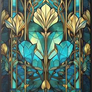 Art Nouveau "Stained Glass" Canvas Print • Black, Gold & Teal Framed Wall Décor