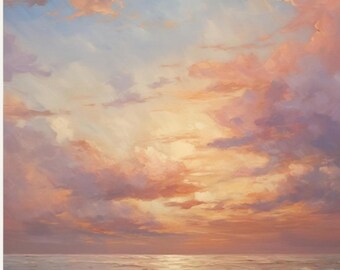 Dreamy Ocean Sunset Canvas, Soft Pink, Lavender & Golden Horizon Oil-Effect Artwork, Coastal Interior Decor Print, Modern Seascape Gift Idea