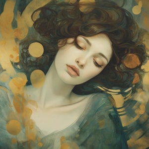 Art Nouveau Woman Portrait Canvas Print: Gold, Emerald & Teal