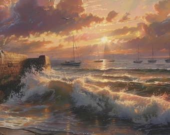 May include: A digital print matte canvas featuring a sunset ocean scene. The artwork depicts a vibrant sky with clouds, sunlight, and sailboats on the water. The text "Sunset Ocean Art" is on the left side.