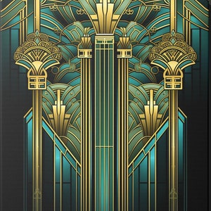 Art Deco Wall Decor • Emerald Green & Gold Framed Canvas Print • Stained-Glass Style