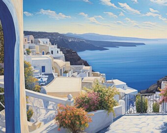 Mediterranean Greek Island Artwork, Blue Beige Grey White Digital Print Canvas, Home/Office Interior Decor, Greece Lovers, Art Gifting Ideas