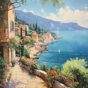 French Riviera Canvas Art • Mediterranean Coastal Village Scene • Interior Design • Wall Print