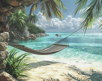 Tropical Paradise Island Hammock Artwork, Aqua Blue Beige Brown Digital Print Canvas, Beach Palms Decor, Home/Office Styling, Gifting Ideas
