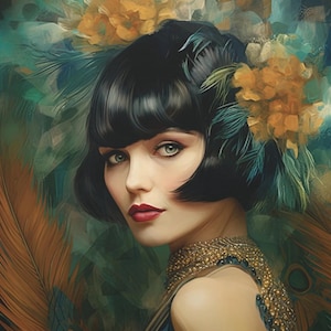 Art Deco Revival Canvas, Flapper Woman Portrait, Burnt Orange Teal Tones, Oil Painted Effect, Home Styling Wall Décor Artwork, Gifting Ideas