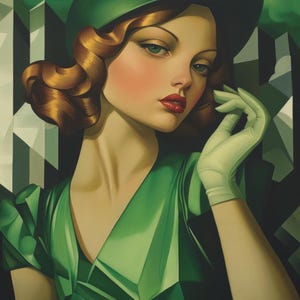 Emerald Green Vintage Art Deco Woman Portrait, Tamara de Lempicka Style Canvas Print, Old Hollywood Glamour Wall Décor, Interior Design Gift