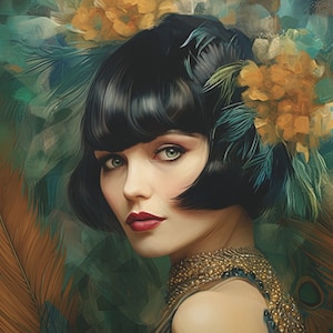 Roaring Twenties Art Deco Revival Flapper Woman Portrait, Oil Painted Effect, Digital Prints, Home Styling Wall Decor Artwork, Gifting Ideas