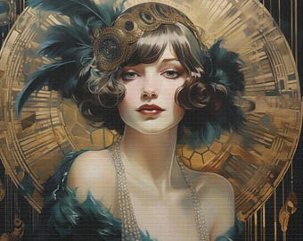 Art Déco Woman Canvas Print • Beige, Gold & Teal • Vintage Glamour Wall Art
