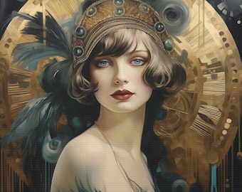 Art Deco Gatsby Flapper Portrait • Teal Gold Canvas Wall Décor