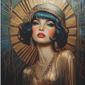 Art Déco Flapper Woman Print • 1920s Glam Canvas Wall Décor • Gold & Teal Canvas