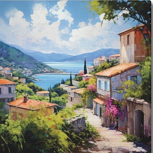 Coastal French Riviera Village Art, Mediterranean Sea Wall Decor, Colourful Digital Print Canvas, Textured Oil Painted Effect, Gifting Idea