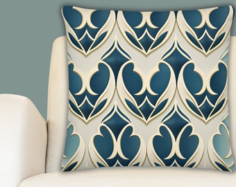 Art Deco Inspired Ogee Style Pattern Designer Premium Pillow, Blue Cream Gold Hues, Stylish Statement Home Decor Scatter Cushion, Gift Ideas