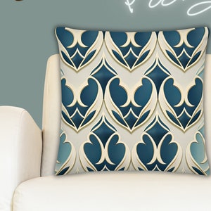 Art Deco Inspired Ogee Style Pattern Designer Premium Pillow, Blue Cream Gold Hues, Stylish Statement Home Decor Scatter Cushion, Gift Ideas