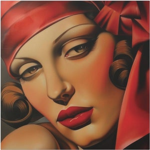 Art Deco Woman Portrait Canvas, Tamara de Lempicka Style Digital Print, Red Beige Brown, Interior Decor, Modern Vintage Artwork, Gift Ideas