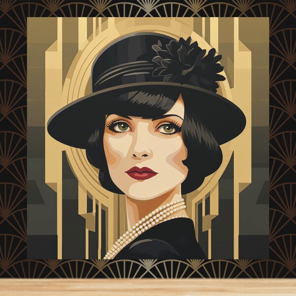 Jazz Age 30s Art Deco Inspired Woman Portrait, Animated Style Digital Print Artwork, Square Matte Canvasses, Unique Home Decor Gifting Ideas