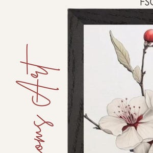 Japandi Apple Blossom Branches Premium Wood Framed Poster Art, Black Red White Hues, Floral Wall Decor, Home/Office Interior Styling, Gifts