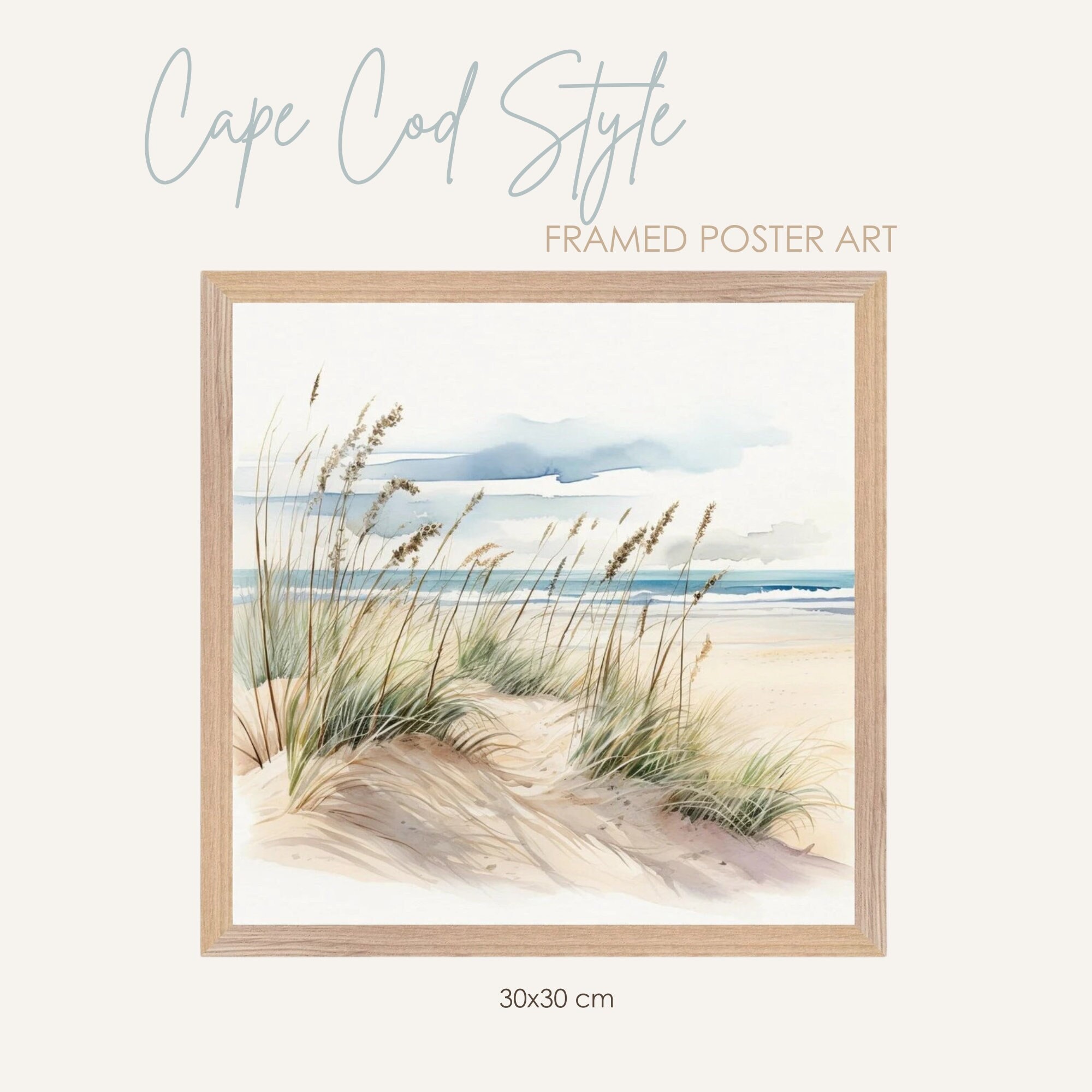 Cape Cod Style Seascape Wood Framed Poster Art, Blue Beige Sage Green Hues, Beach Grasses, Coastal Theme House Interior Decor, Gifting Ideas