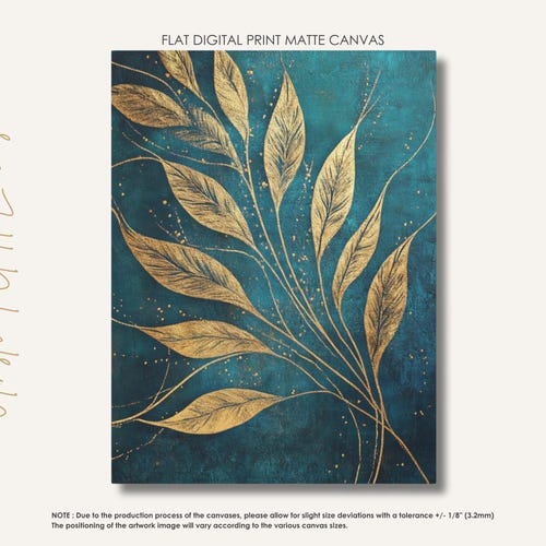 Abstract Gold, Teal & Turquoise Leaf Design • Vertical Canvas Print • Contemporary Art